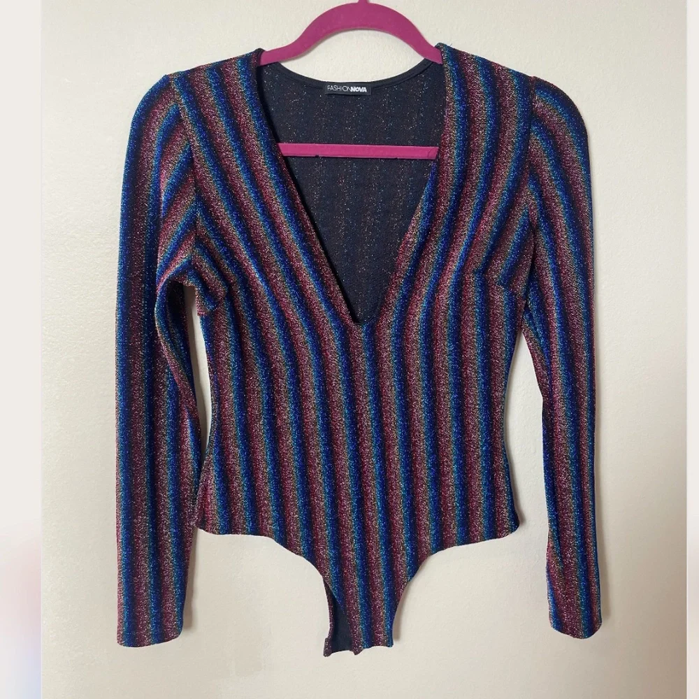 FL Rainbow Shimmer Sparkle Hipster Night Out Romantic Sexy Deep V Chic Bodysuit